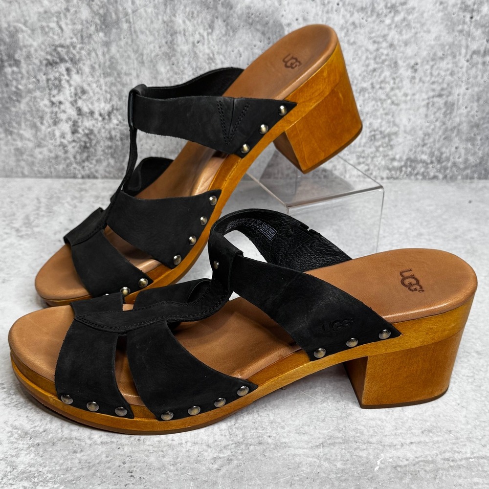 UGG Black Nubuck Leather Studded T-Strap Clog Sandals Jennie 1013220 Womens 11